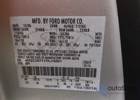 2007 Mercury Mariner Premier z USA, uszkodzony, nr VIN 4M2CU97117KJ16501